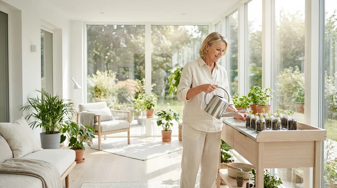 Woman in a sunroom tending to small seedlings in glass jars, symbolizing financial growth.