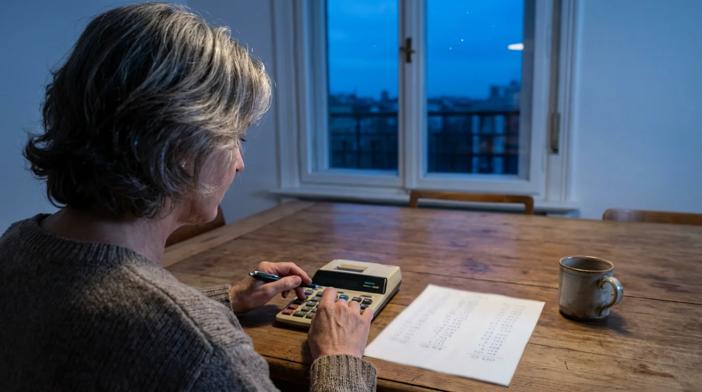 Woman in her 60s at a dining table calculating finances at dusk.