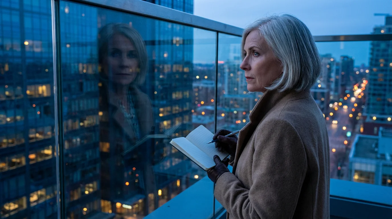Woman on a city balcony at dusk, contemplating retirement financial options with a notebook.