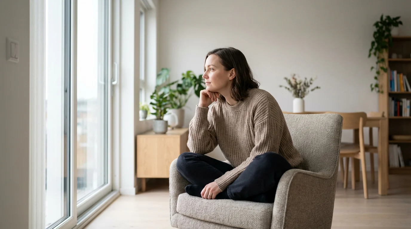 Young woman in a modern armchair thoughtfully looking out a window, considering her future.