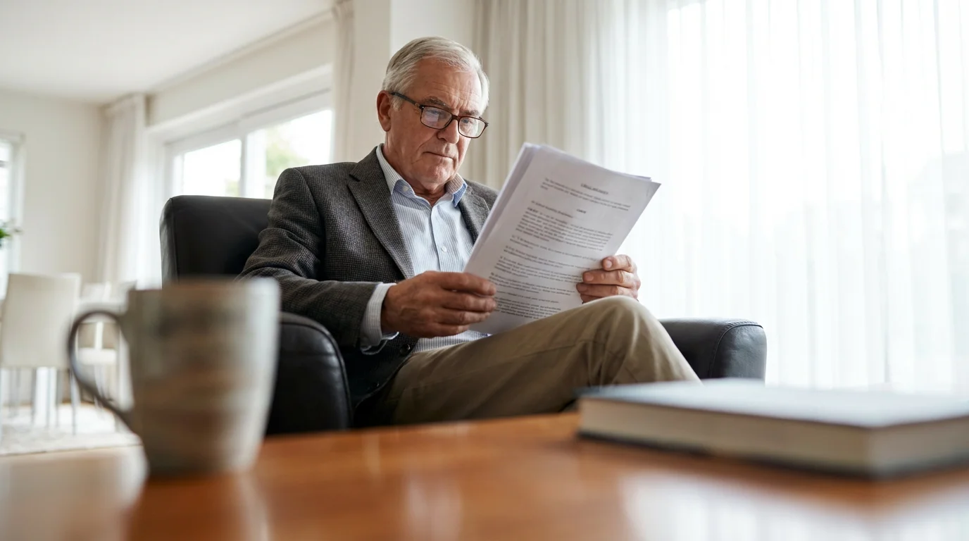 Low angle photo of a senior man sitting in an armchair reviewing a will.
