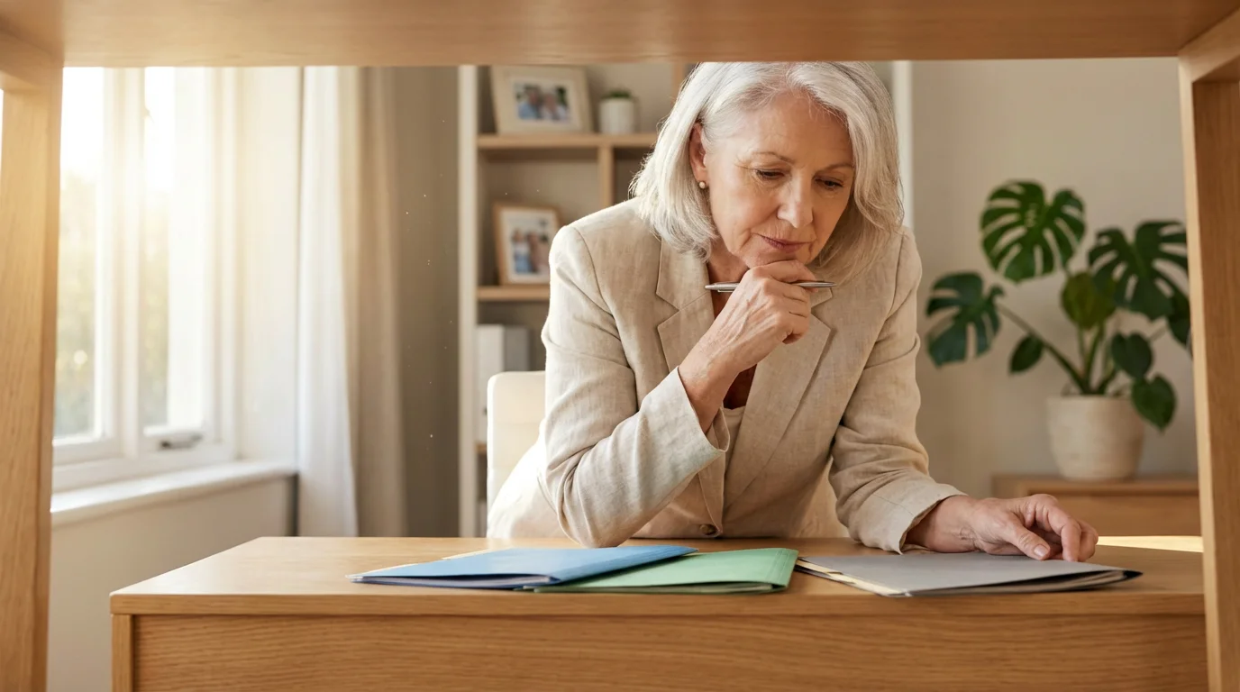 Low angle view of a senior woman thoughtfully considering different plan documents at her desk.