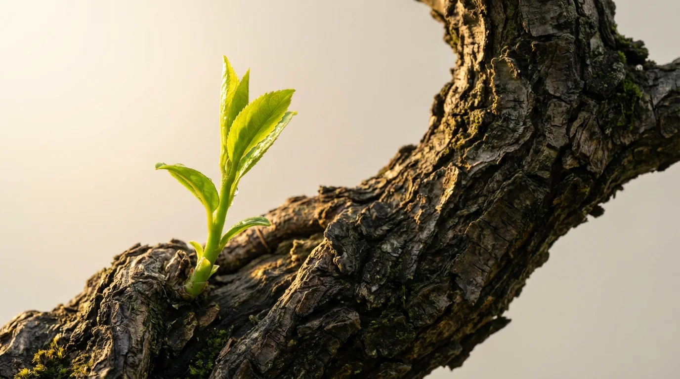 Macro photo of a new green shoot growing on an old bonsai tree branch.