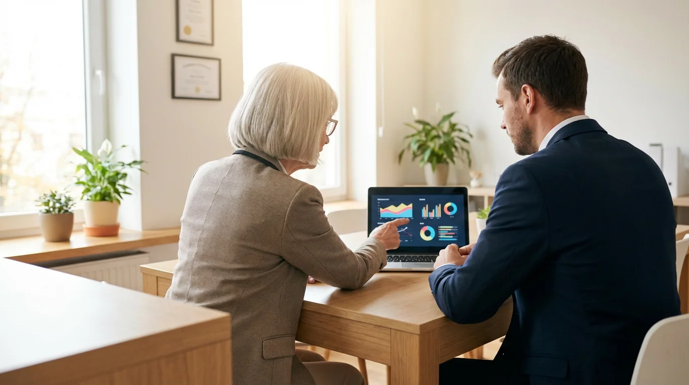 Senior woman in a bright office discusses retirement finances with a financial advisor.